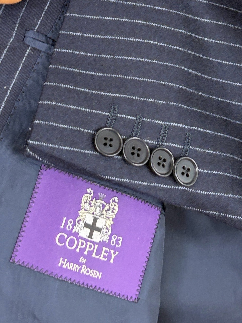 Coppley Suit Mens 40R 36 x 30 Navy Blue Wool Flannel Pinstripe 2 Piece Formal